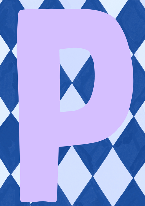 Letterposter blauwe ruit paarse letter